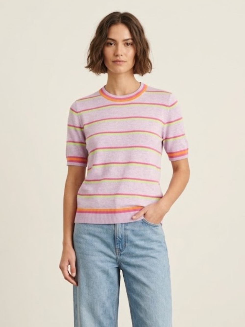 KULE Linen Cotton Short Sleeve Striped Sweater Small Lavender Neon Pink Green